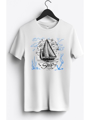 MGAX Denizci Yelkenli Baskılı Regular Sıfır Yaka %100 Pamuk Unisex Penye T-Shirt