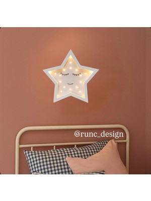 Runc Design Uyuyan Yıldız Figürlü Ahşap Kız Çocuk Odası Duvar Lambası - Ledli Gece Lambası