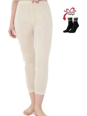 Uygur Kadın Siyah Saf Yün Tayt+Bilek Üstü Yarım Kadın Çorabı Hediye