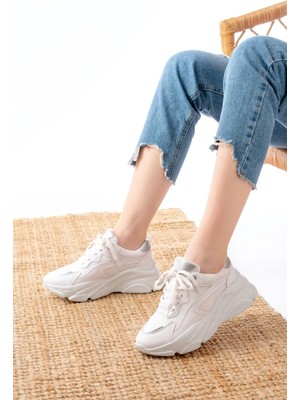 Uslucan Alışveriş SP-149 Beyaz Gümüş Bağcıklı Fileli Günlük Spor Ayakkabı