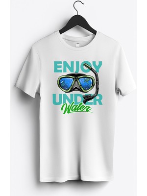 MGAX Dalgıç Enjoy Under Water Baskılı Regular Sıfır Yaka %100 Pamuk Unisex Penye T-Shirt
