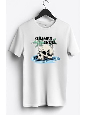 MGAX Deniz Summer Skull Baskılı Regular Sıfır Yaka %100 Pamuk Unisex Penye T-Shirt