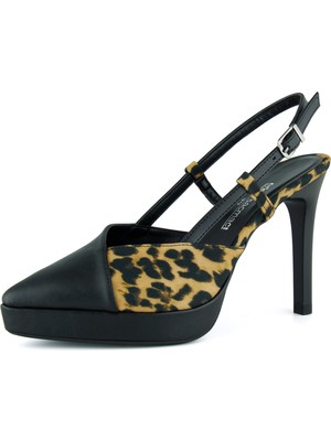 Erkan Saçmacı Sabrina Siyah Leopar Vegan Bantlı Sivri Burun Ince Platform Topuklu Ayakkabı
