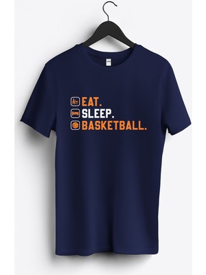 MGAX Eat Sleep Basketball Baskılı Regular Sıfır Yaka %100 Pamuk Unisex Penye T-Shirt