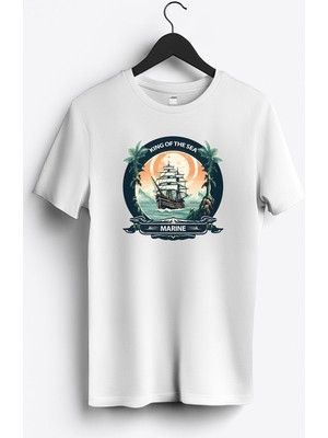 MGAX Denizci Denizlerin Kralı Baskılı Regular Sıfır Yaka %100 Pamuk Unisex Penye T-Shirt