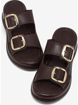 Tonny Black Kadın Kahve Yüksek Tabanlı Rahat Çift Tokalı Terlik