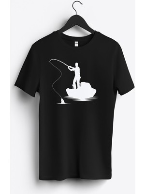 MGAX Balıkçı Kayıkla Balık Tutma Baskılı Regular Sıfır Yaka %100 Pamuk Unisex Penye T-Shirt