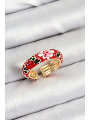 Pirinç Kırmızı Mineli Çiçek Motifli Gold Renk Ayarlanabilir Kadın Yüzük
