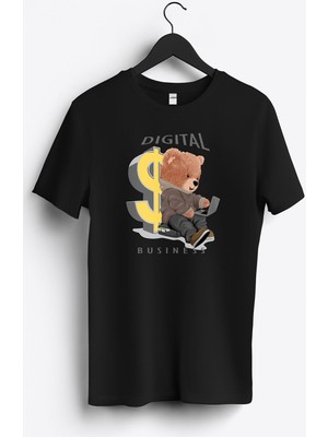 MGAX Sevimli Ayı Digital Business Baskılı Regular Sıfır Yaka %100 Pamuk Unisex Penye T-Shirt