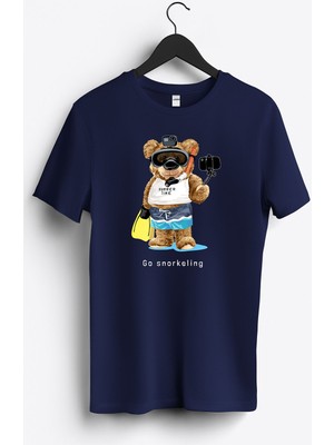 MGAX Sevimli Ayı Dalgıç Şnorkelle Dalmaya Baskılı Regular Sıfır Yaka %100 Pamuk Unisex Penye T-Shirt