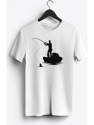MGAX Balıkçı Kayıkla Balık Tutma Baskılı Regular Sıfır Yaka %100 Pamuk Unisex Penye T-Shirt