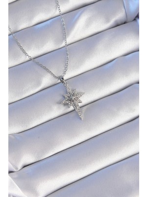 316L Çelik Gümüş Renk Zirkon Taşlı Kutup Yıldızı Model Kolye