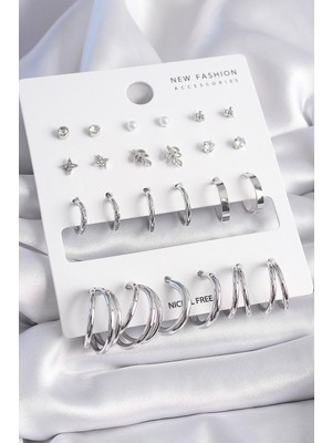 Pirinç Gümüş Renk Zirkon Taşlı 12 Çift Küpe Seti