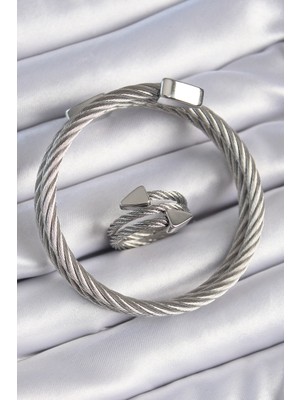 316L Çelik Gümüş Renk Sarmal Model Erkek Bileklik Yüzük Kombini