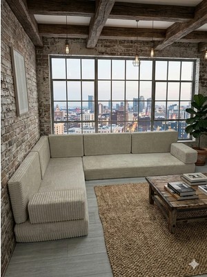 Bakırözü Home Premium Kadife Kumaş, Konforlu Yer Kanepesi ,modüler Şark Köşesi Takımı - Krem- L Set