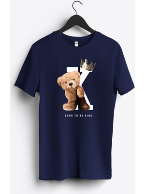 MGAX Sevimli Ayı Born To Be King Baskılı Regular Sıfır Yaka %100 Pamuk Unisex Penye T-Shirt