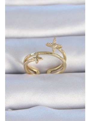 Pirinç Gold Renk Zirkon Taşlı Yıldız Model Kadın Yüzük