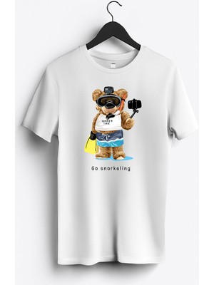 MGAX Sevimli Ayı Dalgıç Şnorkelle Dalmaya Baskılı Regular Sıfır Yaka %100 Pamuk Unisex Penye T-Shirt