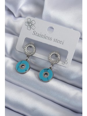 316L Çelik Gümüş Renk Mavi Taşlı Zirkon Taşlı Kadın Küpe