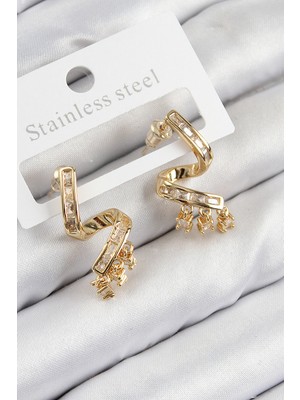 Pirinç Zirkon Taşlı Kıvrımlı Model Gold Renk Kadın Küpe