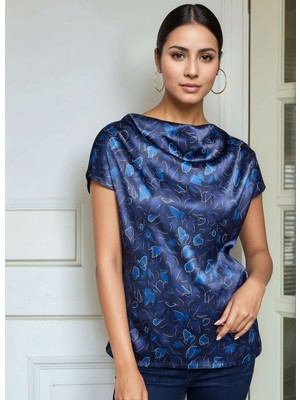 Mamayaga Kadın Degaye Yaka Saten Viskon Kısa Kol Spor Şık Desenli Bluz