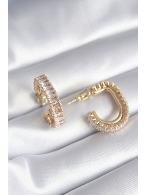 Pirinç Gold Renk Zirkon Taşlı Kadın Küpe