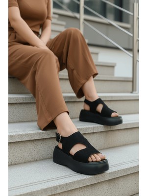 Divolya Zango Siyah Süet Platform ( 6 cm Topuklu ) Yuvarlak Burun Günlük Sandalet