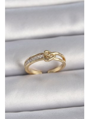 Pirinç Gold Renk Ayarlanabilir Zirkon Taşlı Düğüm Kalp Model Kadın Yüzük