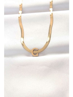 316L Çelik C Harfli Gold Renk Italyan Zincirli Kolye