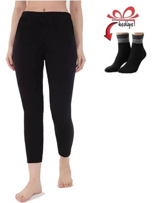 Uygur Kadın Siyah Saf Yün Tayt+Bilek Üstü Yarım Kadın Çorabı Hediye