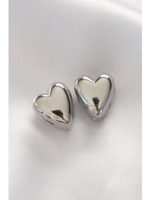 Pirinç Gümüş Renk Minimal Bombeli Kalp Küpe