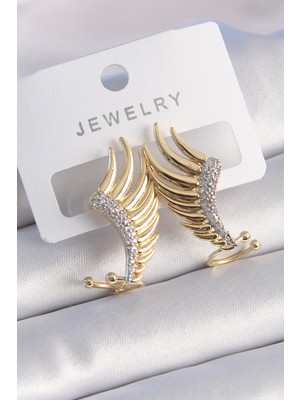 Pirinç Gold Renk Zirkon Taşlı Kanat Model Kadın Küpe