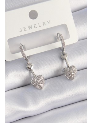 Pirinç Gümüş Renk Zirkon Taşlı Sallantı Kalp Model Kadın Küpe