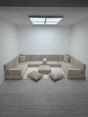 Bakırözü Home Premium Kadife Kumaş, Konforlu Yer Kanepesi ,modüler Şark Köşesi Takımı - Krem- 20 Parça