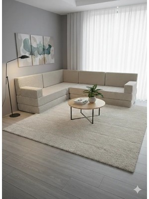 Bakırözü Home Premium Kadife Kumaş, Konforlu Yer Kanepesi ,modüler Şark Köşesi Takımı - Krem - 40 Cm- L Set