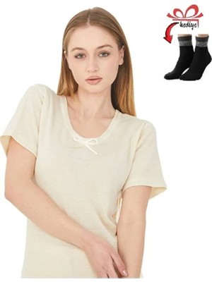 Uygur Kısa Kol Saf Yünlü Fanila+Bilek Üstü Yarım Çorap Hediye