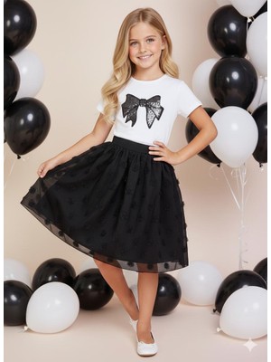 Dıgıl Kids Kız Çocuk Kurdele ve Çiçek Desenli T-Shirt Etek Takım