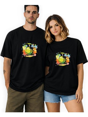 Kidilia Tenis Topu Görselli Unisex Bisiklet Yaka Tasarım Tshirt - Beden: Mrenk: Siyah
