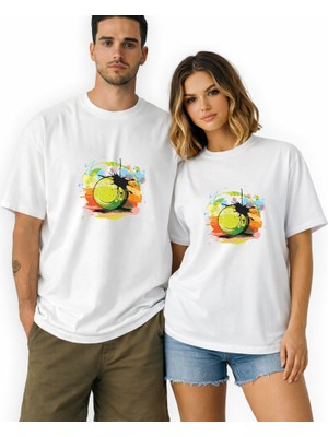 Kidilia Tenis Topu Görselli Unisex Bisiklet Yaka Tasarım Tshirt - Beden: Mrenk: Beyaz