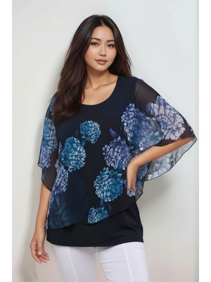 Mamayaga Kadın Kısa Kol Asimetrik Kesim Şifon Şal Detay Büyük Beden Curve Spor Şık Yazlık Desenli Bluz