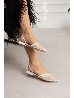 Yula Fashion Shoes File Boncuk Nakış Işlemeli Kadın Şık Babet-Beyaz