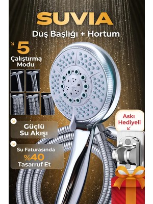 Suvia Yüksek Basınçlı Duş Başlığı 5 Fonksiyonlu + Çelik Hortum + Askı | Tasarruflu Duş Seti | Güçlü Su