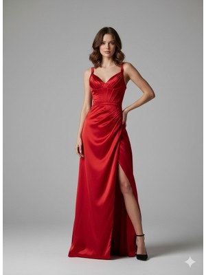 Centilmen Alfabeta Asklı Drapeli Korse Detaylı Saten Abiye 5751