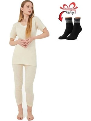 Uygur Kadın Kısa Kol Saf Yünden Fanila Takım+Bilek Üstü Yarım Çorap Hediye