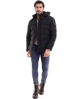 Sivaist Erkek Kapüşonlu Siyah Su ve Rüzgar Geçirmez Regular Şişme Kaban&mont