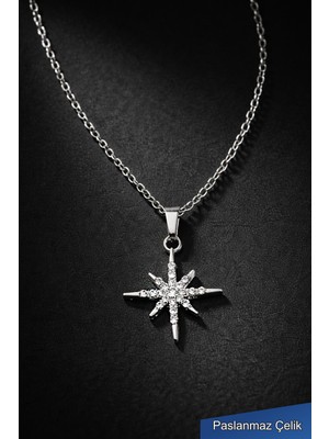 Trend Collection Paslanmaz Çelik Yıldız Kolye, Taş Detaylı Gümüş Renk Kadın Kolye