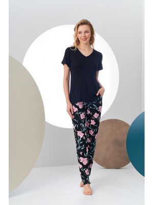 Pjs Kadın Kısa Kollu V Yaka Çiçek Desenli Pijama Takım