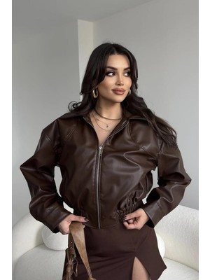 Prifaldi Paris Oversize Beli Lastikli Kahverengi Bomber Deri Ceket