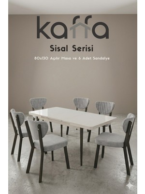 Kaffahome Sisal Beyaz 6 Kişilik Açılır Masa Sandalye Takımı Mutfak Masası Takımı 6 Adet Gri Sandalye