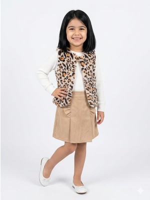 Burç Bebe Leopar Desen Peluş Yelek, Süet Şort Etek, Fitilli Body Kız Çocuk 3lü Takım